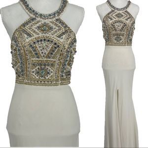 Rachel Allen white with blue accented stoned bodice prom dress